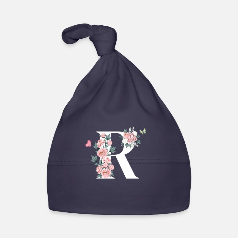 Lettre r fleurs rose - Bonnet bio Bébé - marine