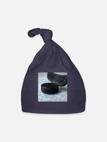 Eishockey - Schläger und Puck - Baby Bio-Mütze - Navy - Vorne
