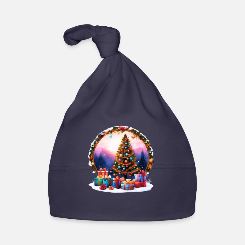 Farbenfroher Weihnachtsbaum mit Geschenken im Winterklima Baby Bio-Mütze