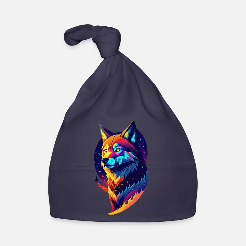 Loup dans la nuit - Décor Multicolore - Bonnet bio Bébé - marine