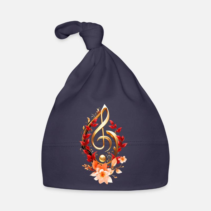 Clé de sol dorée avec des feuilles rouges. - Bonnet bio Bébé - marine