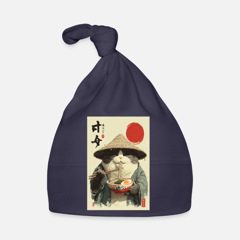 Chat samouraï mangeant des ramen - Bonnet bio Bébé - marine