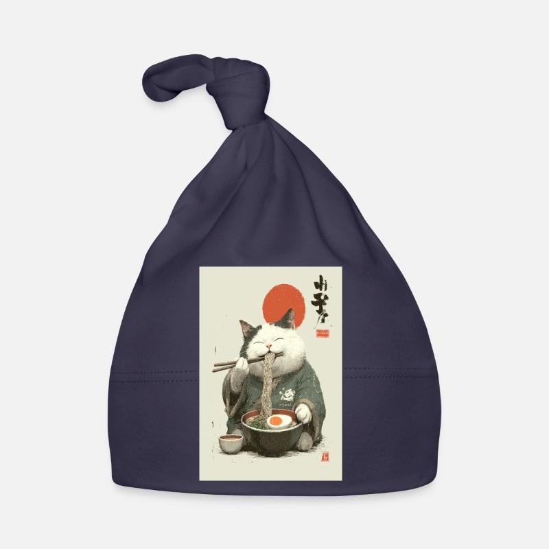 Chat samouraï sirotant des ramen - Bonnet bio Bébé - marine