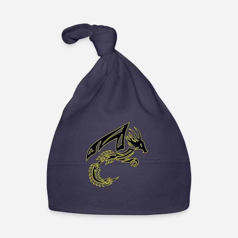 Dragon tribal noir et jaune - Bonnet bio Bébé - marine