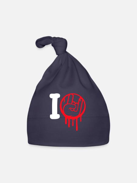 J’aime Heavy Metal Hard Rock Musique Main Geste Coeur - Bonnet bio Bébé - marine - Devant