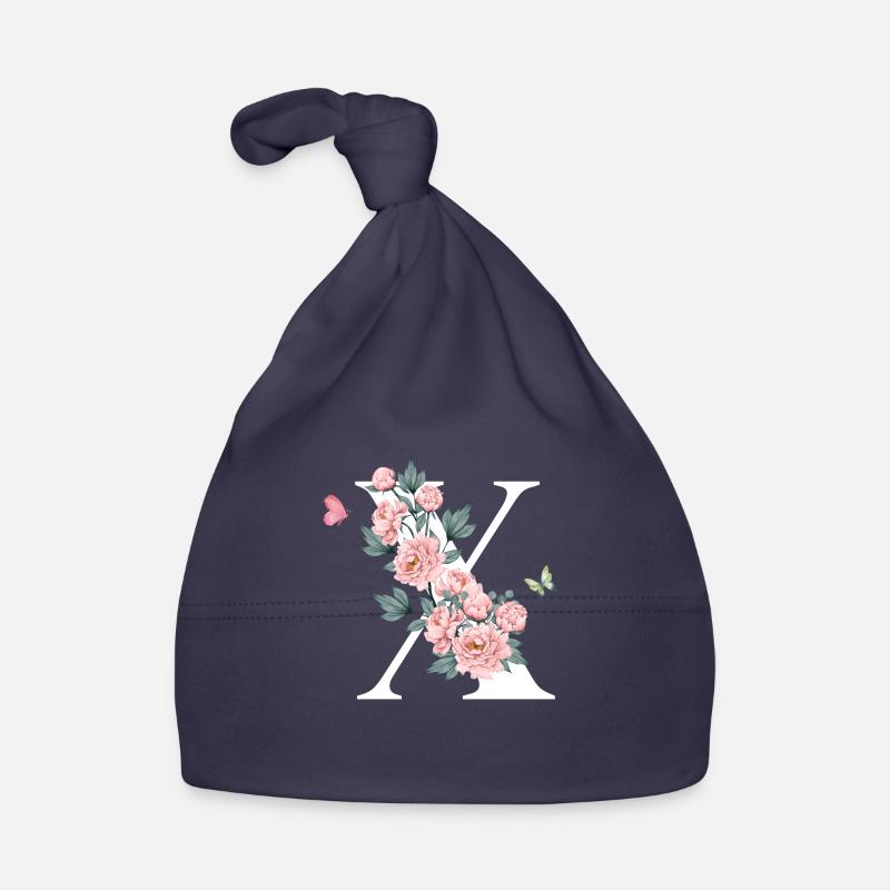 Lettre x fleurs rose - Bonnet bio Bébé - marine