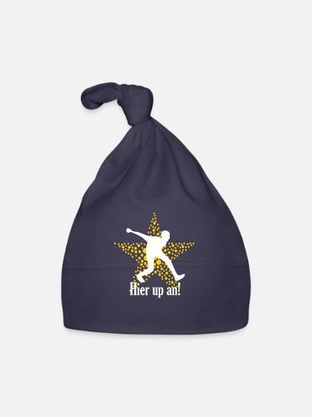 Boßelspruch Plattdeutsch Hier up an - Geschenk - Baby Bio-Mütze - Navy - Vorne