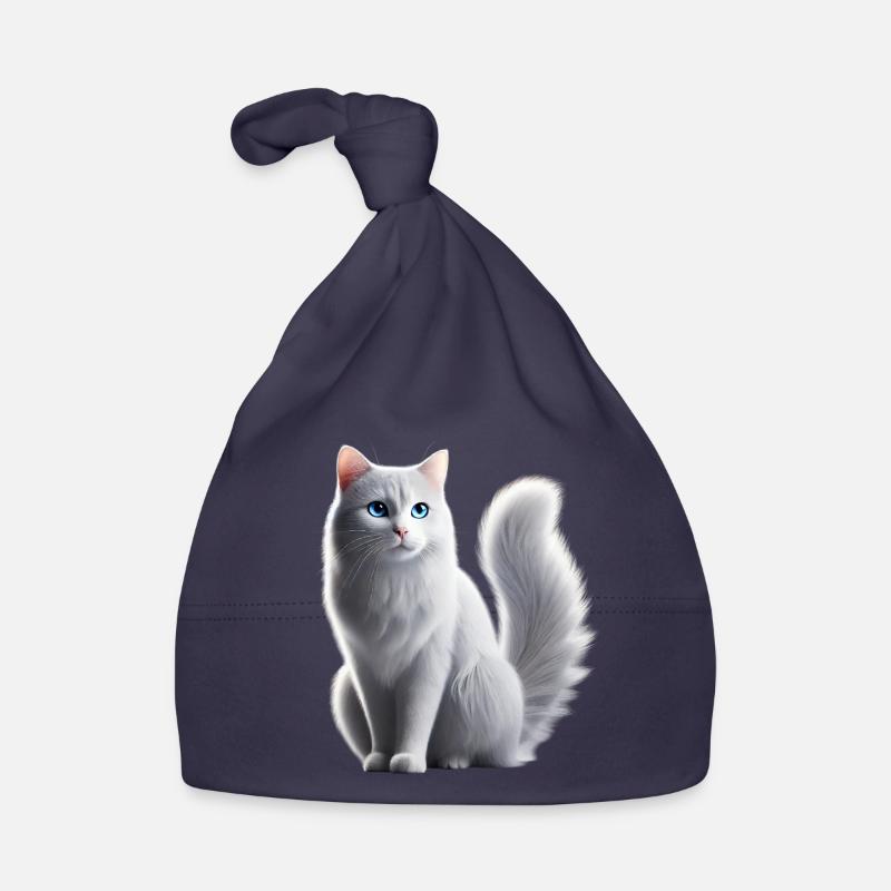 Chat Blanc Yeux Bleus - Bonnet bio Bébé - marine