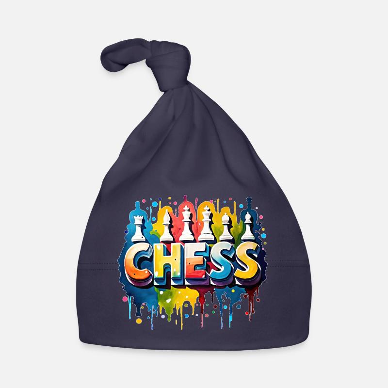Echecs avec pièces, bordure blanche - Bonnet bio Bébé - marine