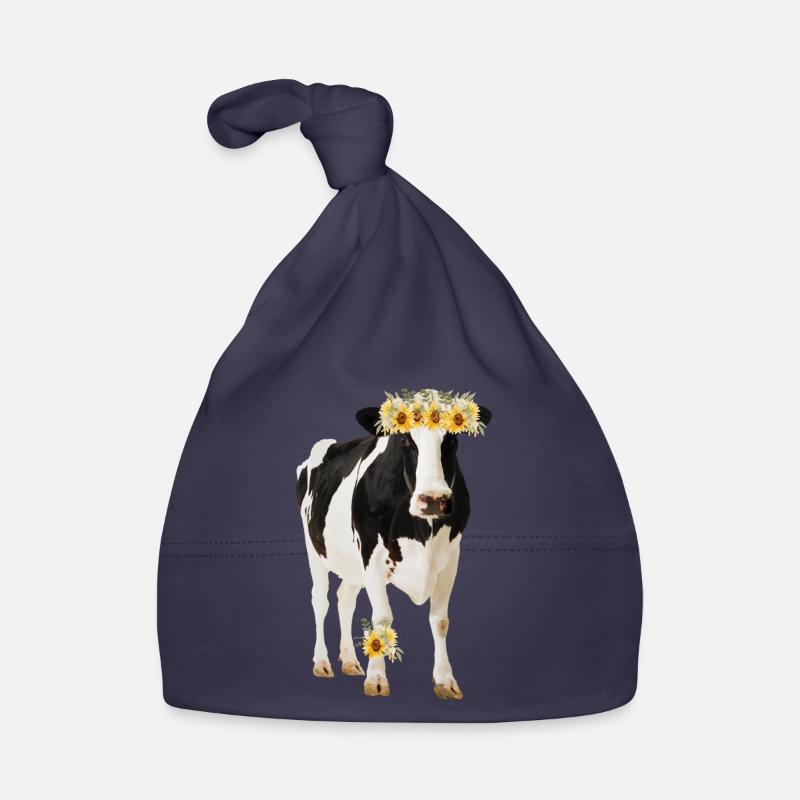 Vache Holstein avec des fleurs - Bonnet bio Bébé - marine
