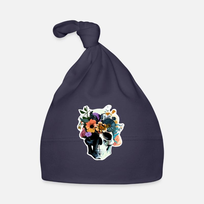Crâne humain et fleurs 38 - Bonnet bio Bébé - marine