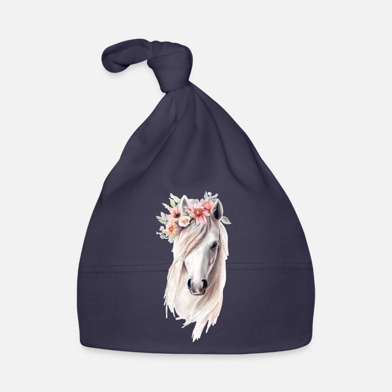 Cheval avec des fleurs - Bonnet bio Bébé - marine