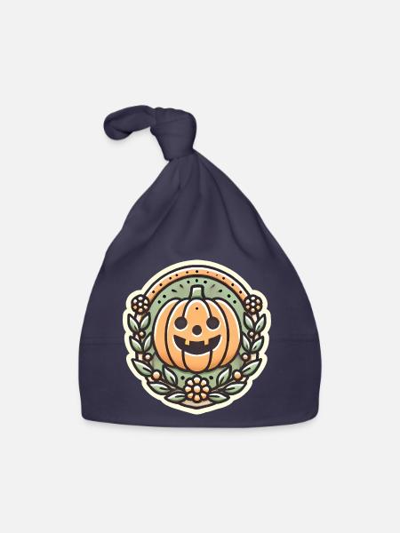 Vintage Halloween citrouille couronne badge - Bonnet bio Bébé - marine - Devant
