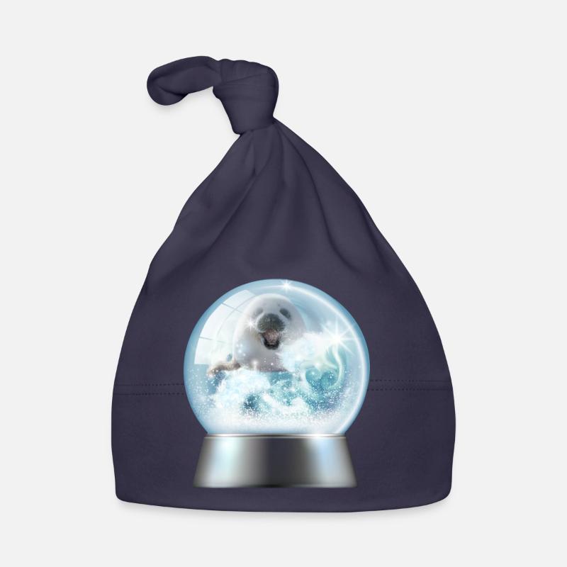 Boule à neige chiot en hiver - Bonnet bio Bébé - marine