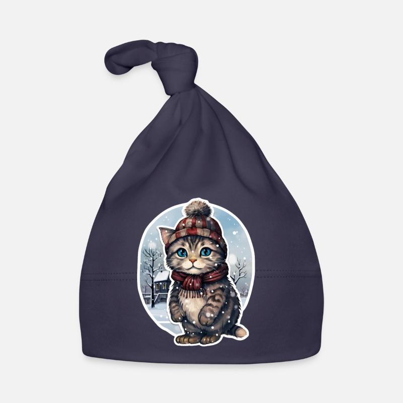 Chat avec chapeau et écharpe dans la neige Bonnet bio Bébé