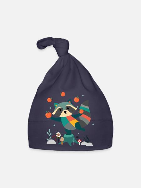 Playful raccoon happily juggling apples - Organic Baby Cap - navy - Front