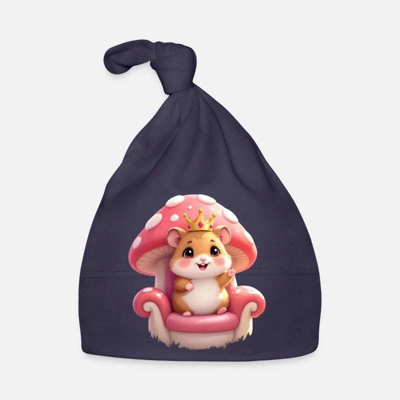 Mignon hamster avec couronne sur le trône champignon - Bonnet bio Bébé - marine