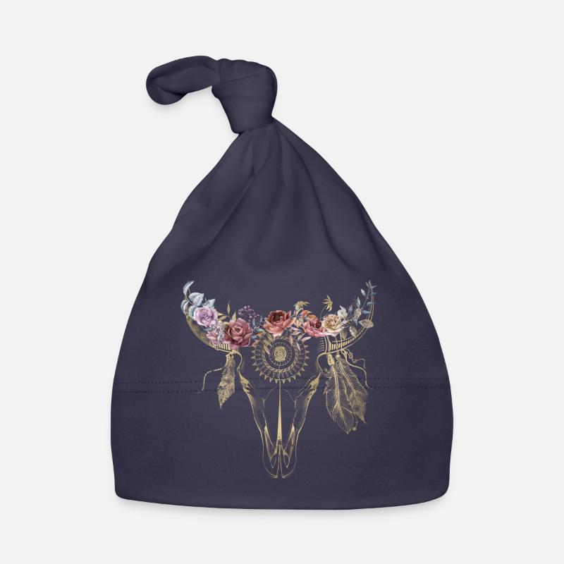 Boho Style / Blumen / Skull / Design - Baby Bio-Mütze - Navy