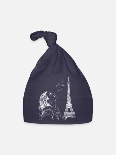 Paris Tour Eiffel France Femme Coeurs Line Art - Bonnet bio Bébé - marine - Devant
