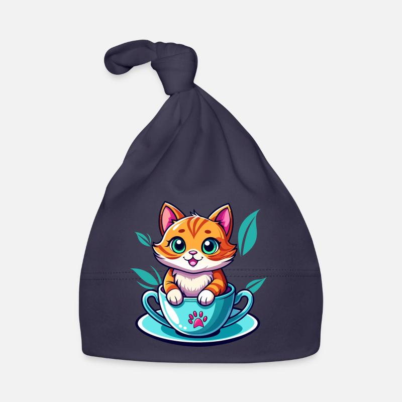 Chat en tasse - Bonnet bio Bébé - marine