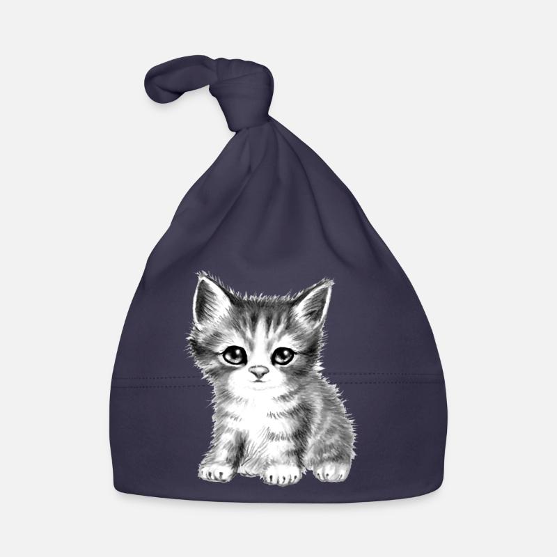 chat chaton mignon noir et blanc doux moelleux - Bonnet bio Bébé - marine