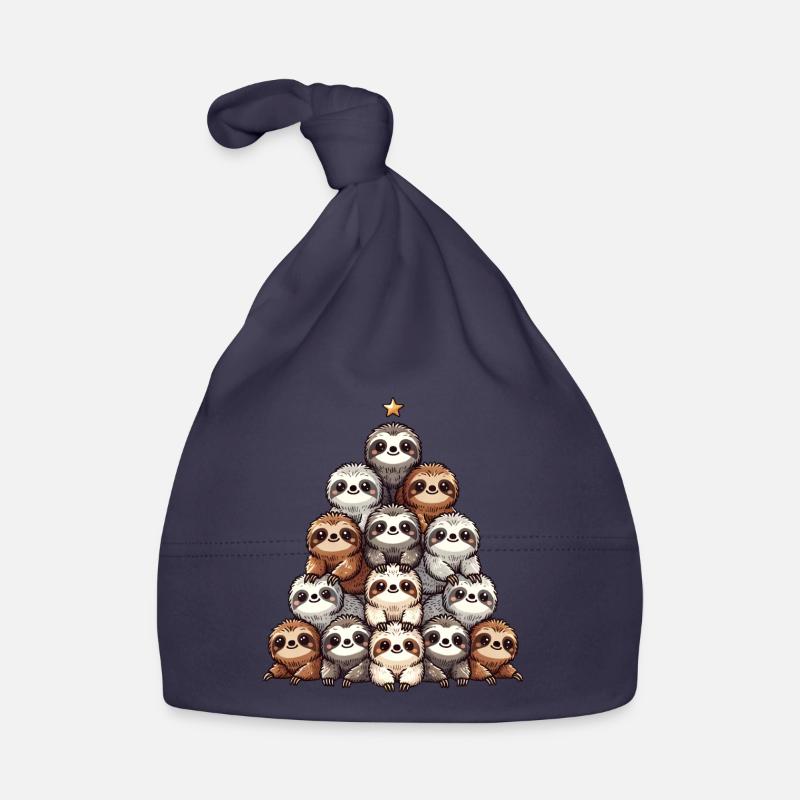Sloth Christmas Tree Pattern - Organic Baby Cap - navy