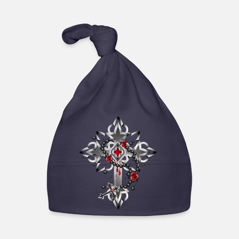 Croix faite d’éléments gothiques et chapelet Bonnet bio Bébé