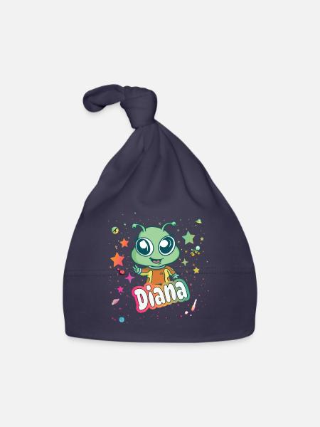 DIANA - Schöner Mädchen Name mit süßem Alien - Baby Bio-Mütze - Navy - Vorne