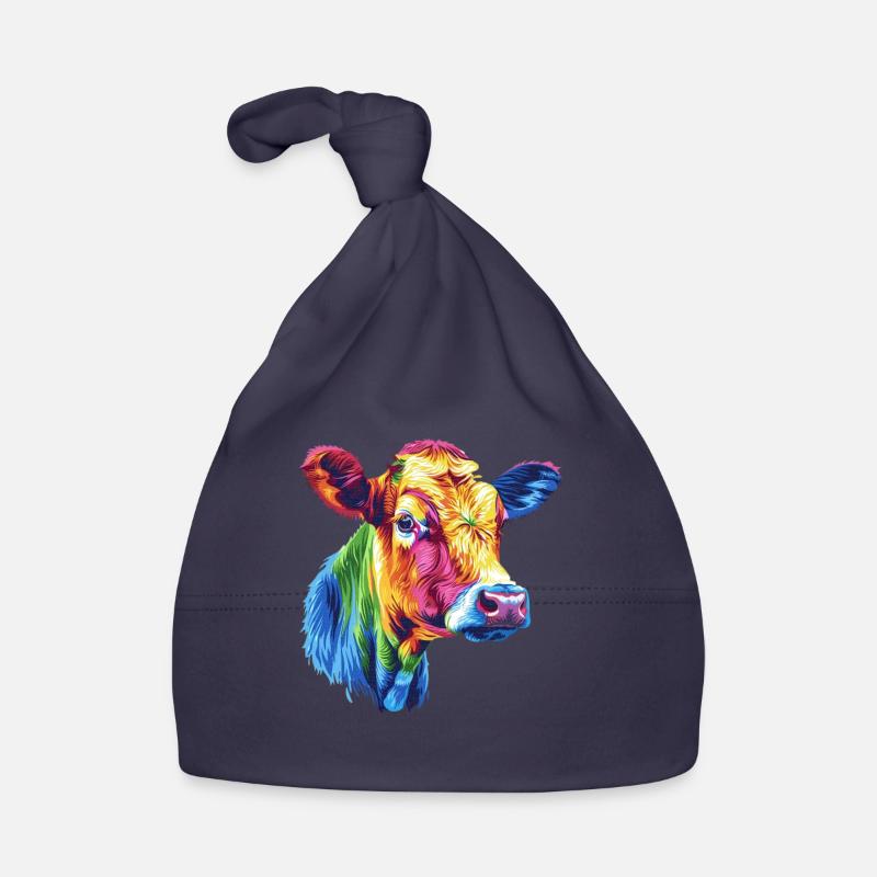 Vache colorée arc-en-ciel oeuvre - Bonnet bio Bébé - marine
