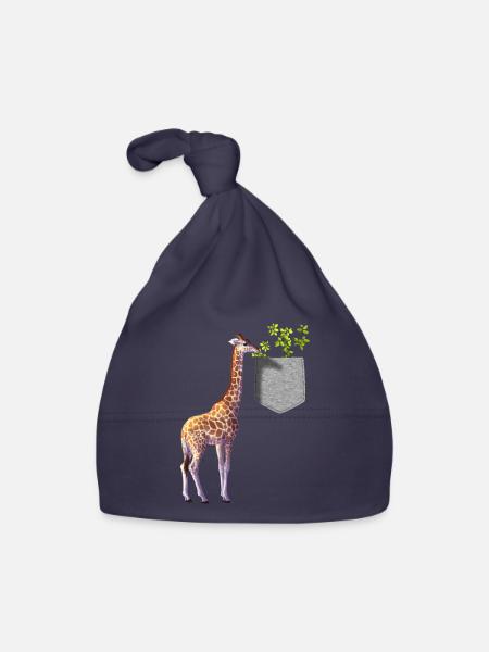 Girafe atteignant une branche avec des feuilles dans la poche - Bonnet bio Bébé - marine - Devant
