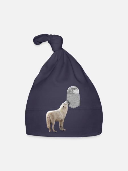 Wolf Heulen Zum Mond In Ihrer Falschen Tasche Lustig - Baby Bio-Mütze - Navy - Vorne