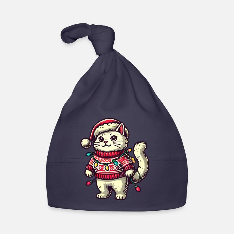 Chat de Noël en pull avec des guirlandes lumineuses Bonnet bio Bébé