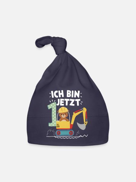 Ich bin jetzt 1 Bagger Bär 1. Geburtstag - Baby Bio-Mütze - Navy - Vorne