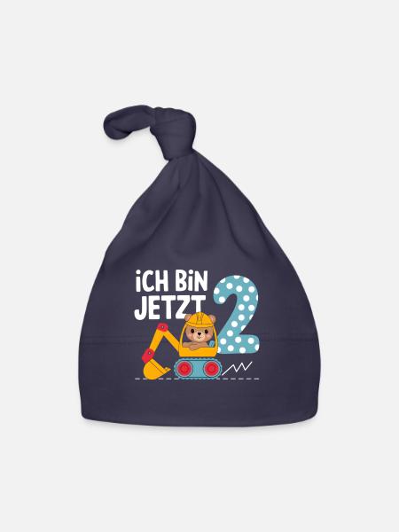 Ich bin jetzt 2 Bagger Bär 2. Geburtstag - Baby Bio-Mütze - Navy - Vorne