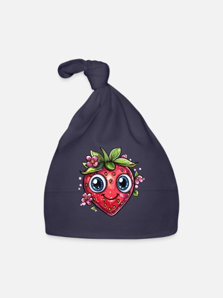 Fraise avec sourire de fleur - Bonnet bio Bébé - marine - Devant