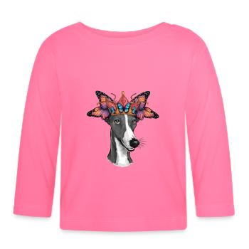Lévrier en carton avec papillon - T-shirt manches longues bio Bébé - rose azalée - Devant