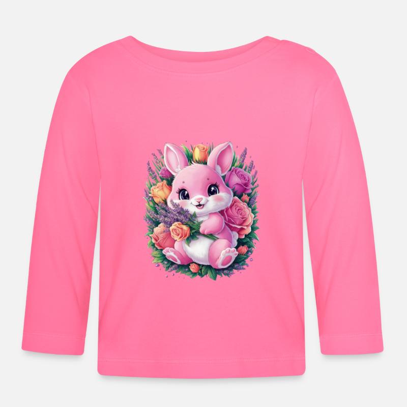 Mignon lapin kawaii avec des roses et de la lavande - T-shirt manches longues bio Bébé - rose azalée