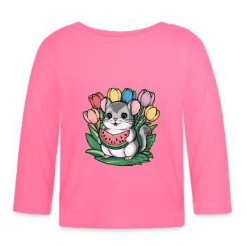 Kawaii Chinchilla mit Wassermelone und Tulpen - Baby Bio-Langarmshirt - Azalea - Vorne