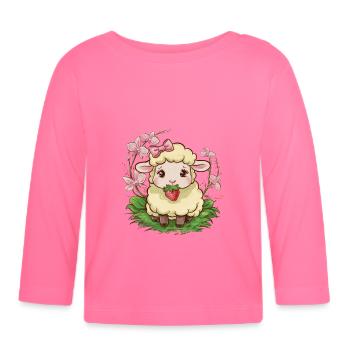 Süßes Kawaii Schaf mit Erdbeeren & Orchideen - Baby Bio-Langarmshirt - Azalea - Vorne