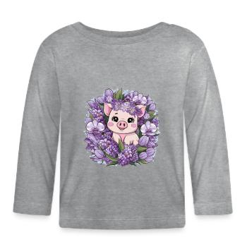 Schwein im Cartoon Kawaii Stil mit Orchideen - Baby Bio-Langarmshirt - Grau meliert - Vorne