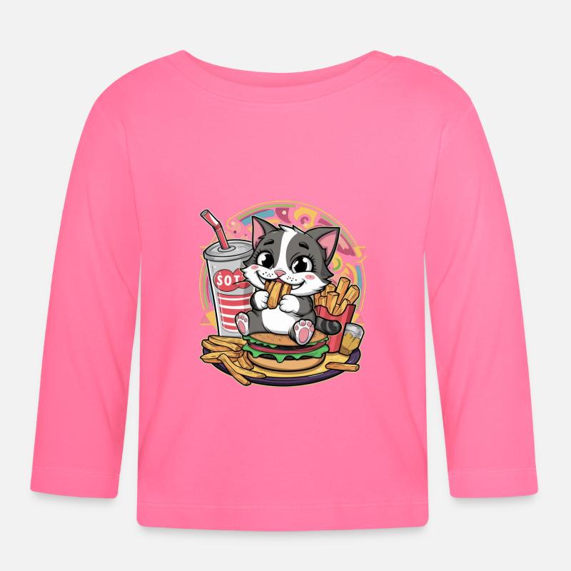 Le chat kawaii adore la restauration rapide - T-shirt manches longues bio Bébé - rose azalée