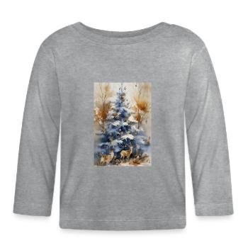 Blauer Weihnachtsbaum und Hirsch - Baby Bio-Langarmshirt - Grau meliert - Vorne