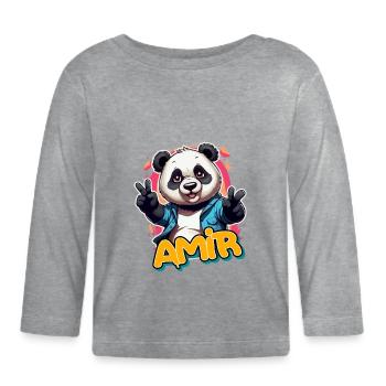 AMIR - Beau nom de garçon avec Cool Panda - T-shirt manches longues bio Bébé - gris chiné - Devant