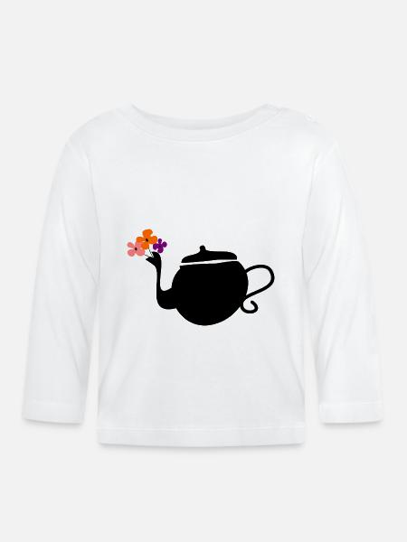 Teekanne und Blumen - Baby Bio-Langarmshirt - Weiß