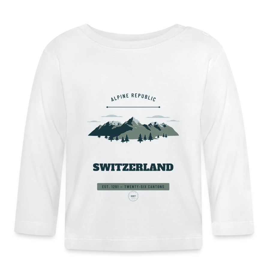 Switzerland badge on a organic baby long sleeve t-shirt, white