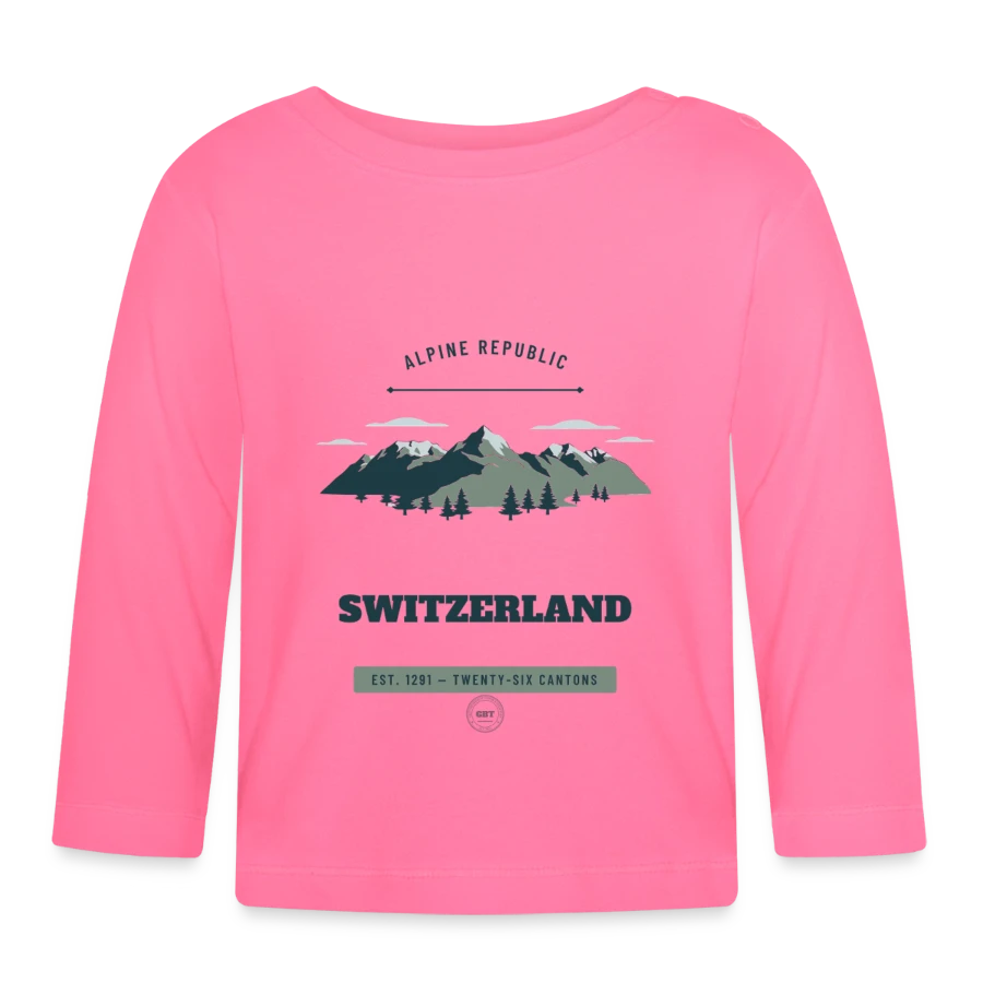 Switzerland badge on a organic baby long sleeve t-shirt, azalea