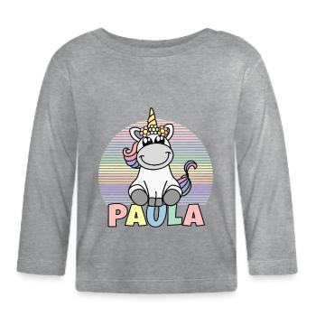 Nom de la licorne Paula - T-shirt manches longues bio Bébé - gris chiné - Devant