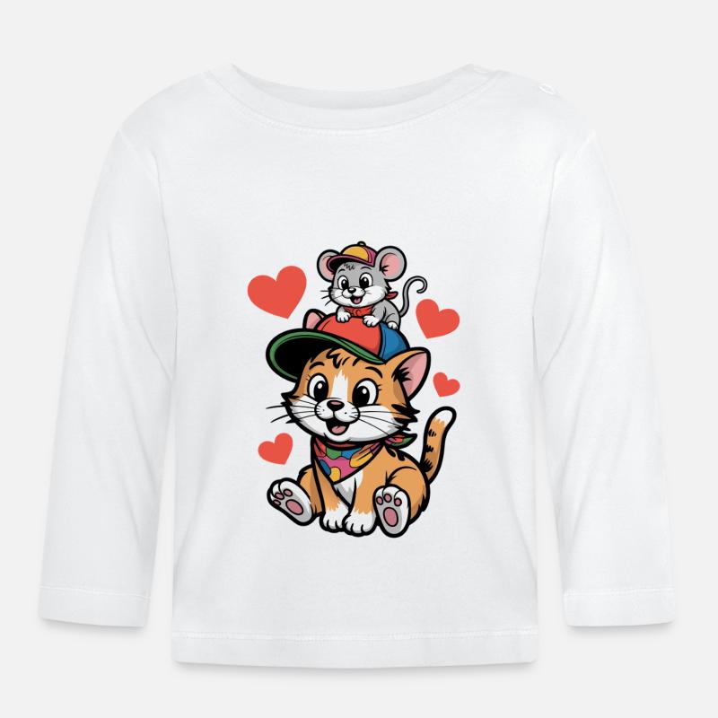 Katzenfreundschaft mit Maus - Baby Bio-Langarmshirt - Weiß