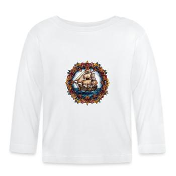 Segelschiff im Ornamenten-Rahmen - Baby Bio-Langarmshirt - Weiß - Vorne