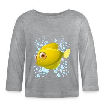 Poisson jaune nageant autour de beaucoup de bulles bleues - T-shirt manches longues bio Bébé - gris chiné - Devant